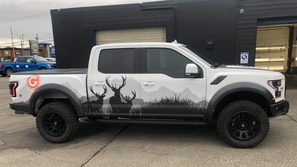 Printed, partial vehicle wrap.